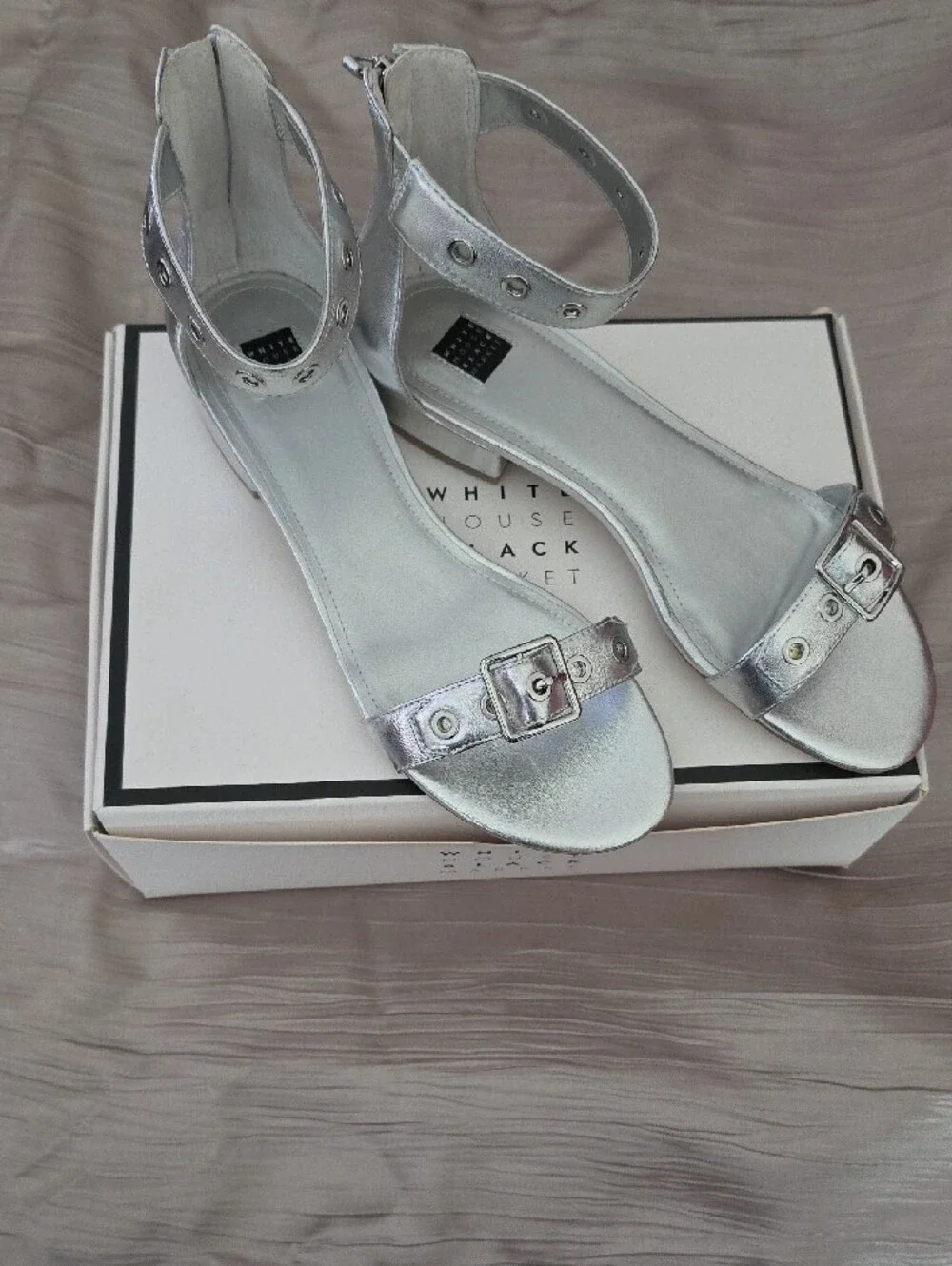 White House Black Market Metallic Silver Ankle-Strap Heels